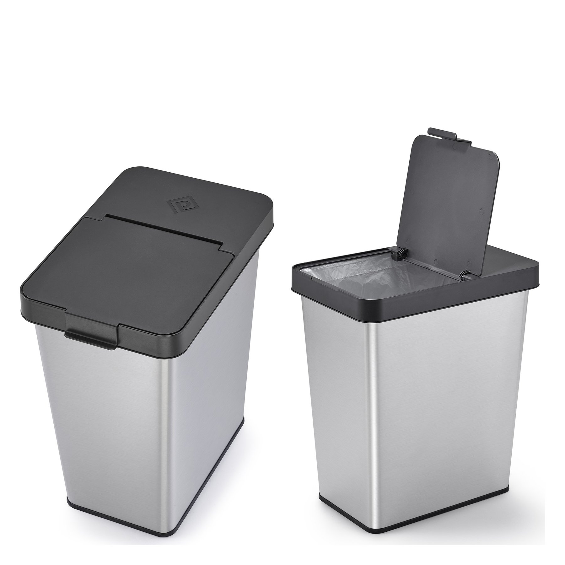 7-gallon stainless steel waste can, shown with the lid closed and with the lid open